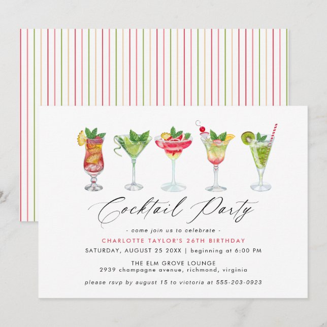 Cute Colourful Cocktail Party | Fun Womens Birthda Invitation (Front/Back)