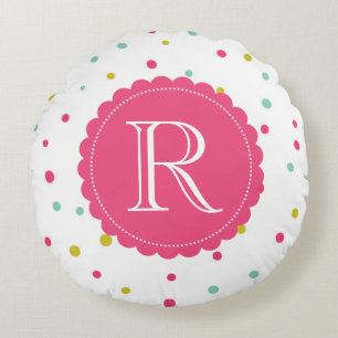 Cute Colourful Confetti Dots Pattern Monogram Roun Round Cushion