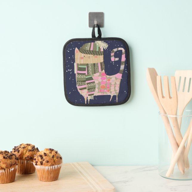 Cute Colourful Cosy Cat in Snowfall Oven Mitt Pot Holder (Insitu(Hanging))