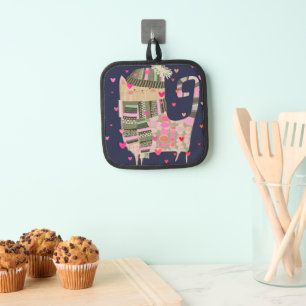 Cute Colourful Cosy Cat with Hearts Oven Mitt Pot Holder