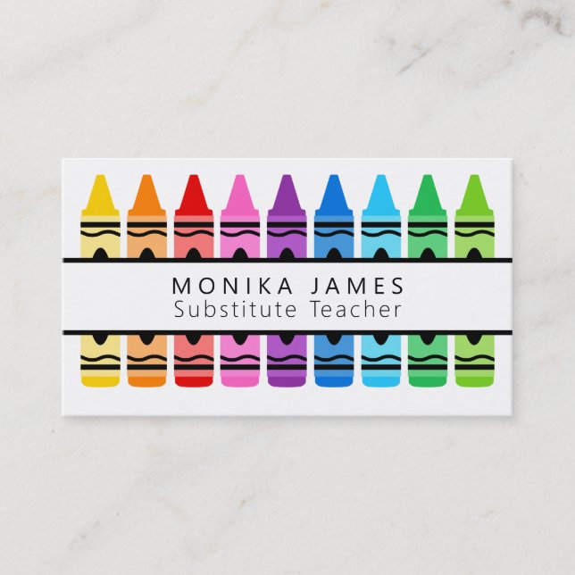 Cute Colourful Crayon Substitute Teacher Business Card (Front)