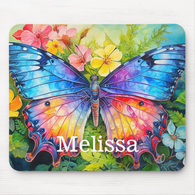 Cute Colourful Custom Butterfly Monogram Name Mouse Pad (Front)