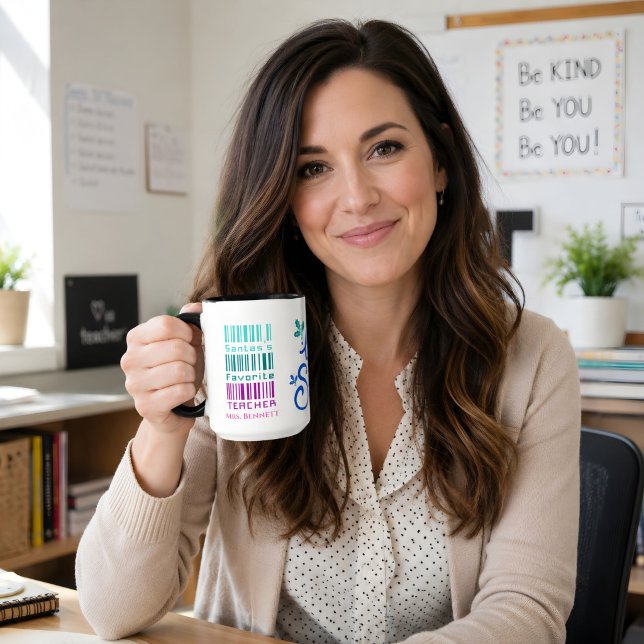 Cute Colourful Custom Name Christmas Teacher Gift Mug (Teacher coffee mug gift. )