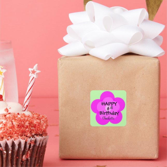 Cute colourful Daisy flower pattern Birthday name Square Sticker (Party)