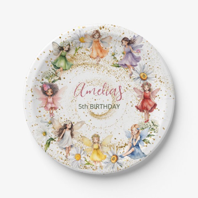 Cute Colourful Dancing Floral Fairies Gold Glitter Paper Plate (Front)