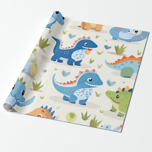 Cute Colourful Dinosaur Baby Pattern Wrapping Paper (Unrolled)