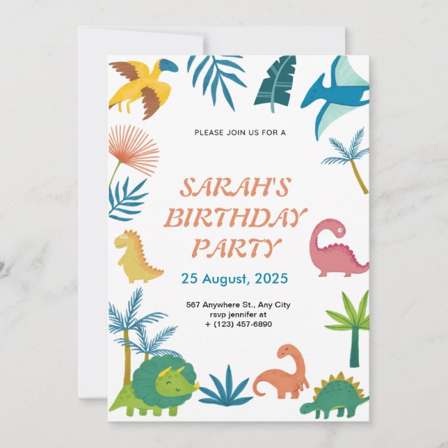 Cute Colourful Dinosaur Birthday Invitation for Ki (Front)