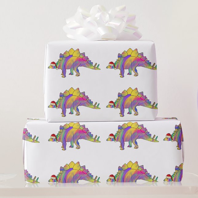 Cute Colourful Dinosaur Christmas Wrapping Paper (Kids cute stegosaurus dinosaur christmas wrapping Colorful rainbow watercolor festive dino pattern)