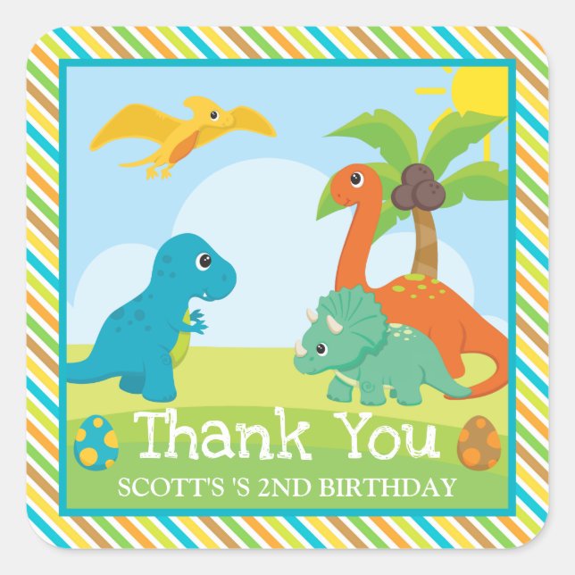 Cute Colourful Dinosaur Friends Birthday Square Sticker (Front)
