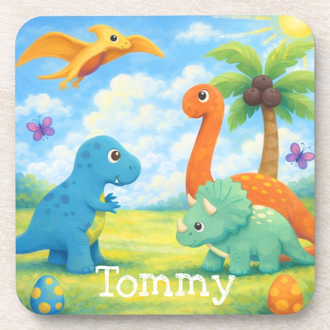 Cute Colourful Dinosaur Friends Kids  Coaster (Front)