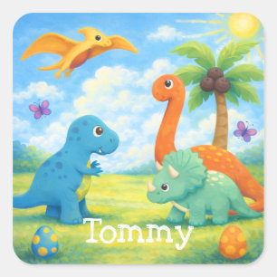 Cute Colourful Dinosaur Friends Kids  Square Sticker