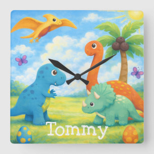 Cute Colourful Dinosaur Friends Kids Square Wall Clock