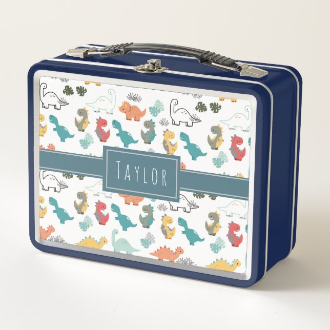 Cute Colourful Dinosaur Pattern Kids Name Metal Lunch Box (Front)