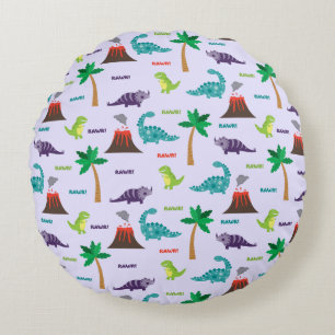 Cute Colourful Dinosaurs and Volcanos Round Cushion