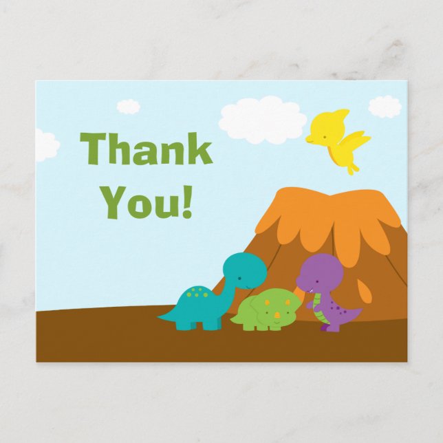 Cute colourful dinosaurs birthday party thank you postcard (Front)
