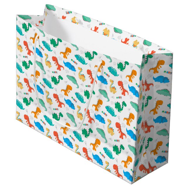 Cute Colourful Dinosaurs Illustrated Pattern Large Gift Bag (Front Angled)
