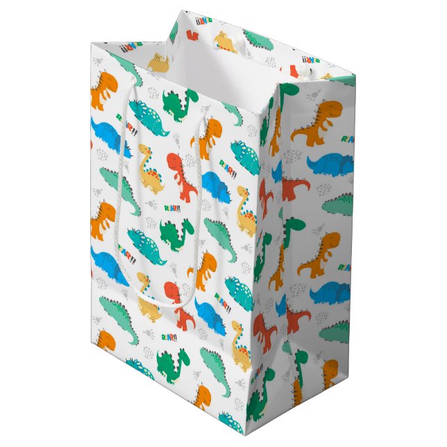 Cute Colourful Dinosaurs Illustrated Pattern Medium Gift Bag (Front Angled)