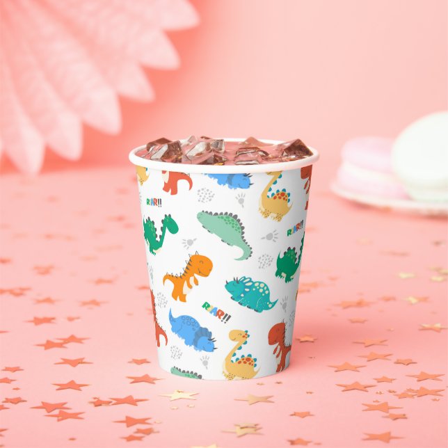 Cute Colourful Dinosaurs Illustrated Pattern Paper Cups (Insitu)