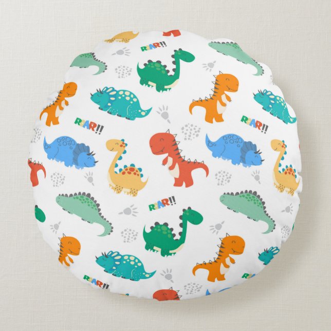 Cute Colourful Dinosaurs Illustrated Pattern Round Cushion (Front)