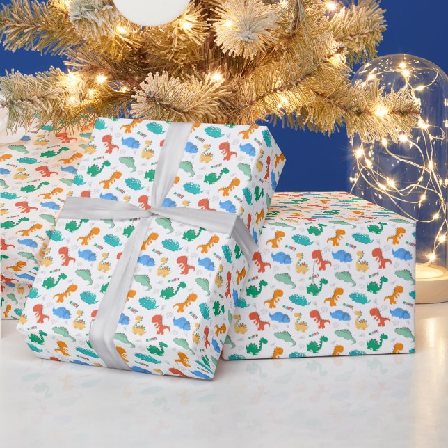 Cute Colourful Dinosaurs Illustrated Pattern Wrapping Paper (Holidays)