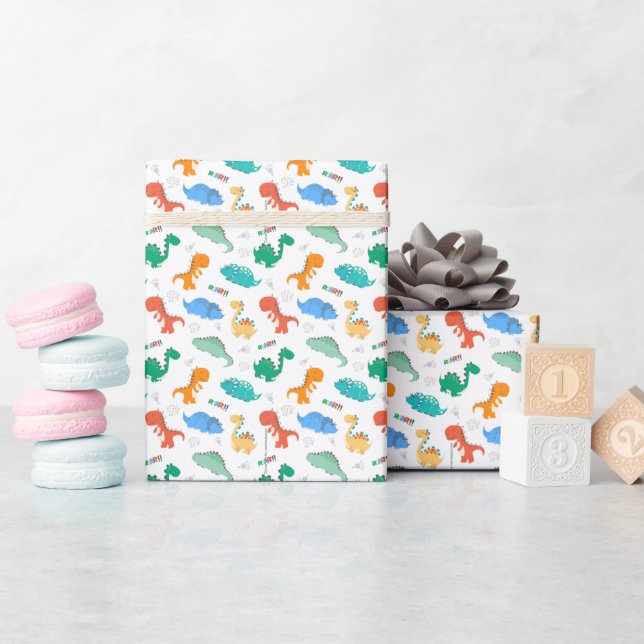 Cute Colourful Dinosaurs Illustrated Pattern Wrapping Paper (Baby Shower)