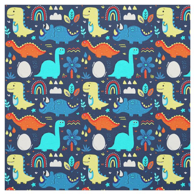 Cute Colourful Dinosaurs & Rainbows Drawings Fabric (Swatch)