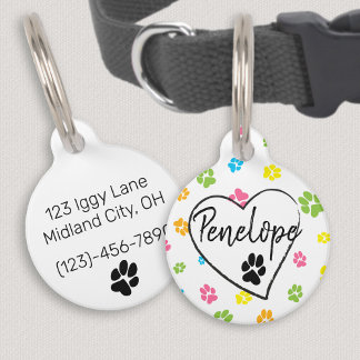 Cute colourful dog paw prints pattern custom name pet tag