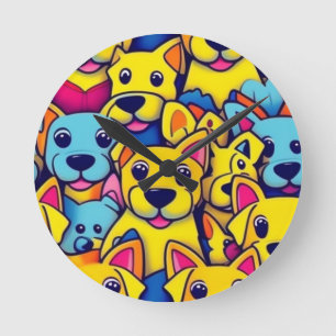 Cute colourful dogs happy dogs round clock