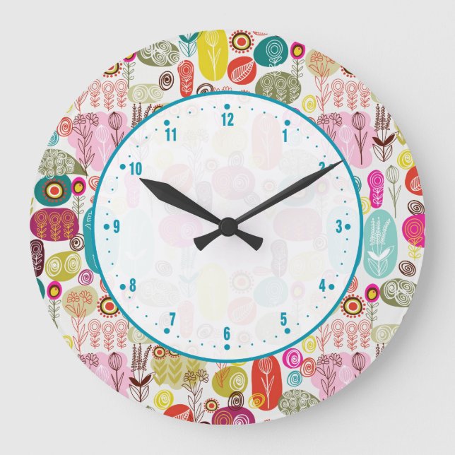 Cute Colourful Doodle Floral Design Large Clock (Front)