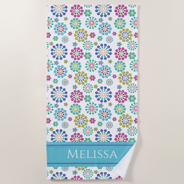 Cute Colourful Dot Flower Pattern Personalised Beach Towel (Front)