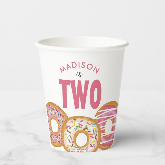 Cute Colourful Doughnuts Two Second 2nd Birthday Paper Cups (Front)