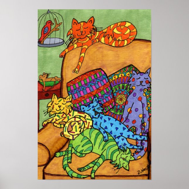 Cute Colourful Drawing Cats Chair Napping Sleeping Poster (Front)