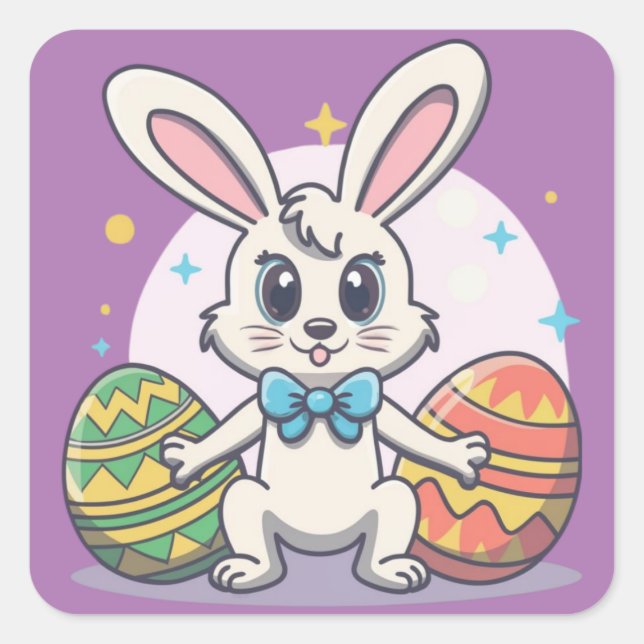 Cute Colourful Easter Bunny Eggs Square Sticker (Front)