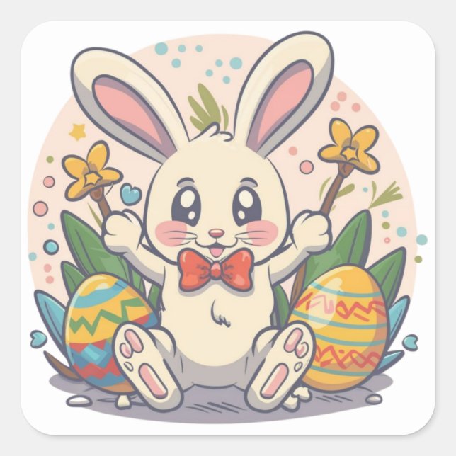 Cute Colourful Easter Bunny Square Stickers (Front)