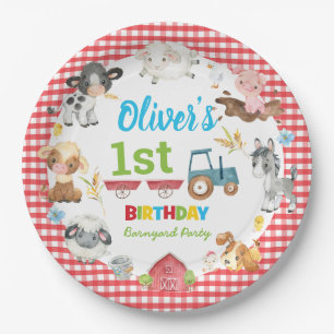 Cute Colourful Farm Animals Barnyard 1st Birthday  Paper Plate