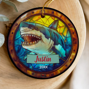 Cute Colourful Faux Stained Glass Shark Christmas Ceramic Tree Decoration