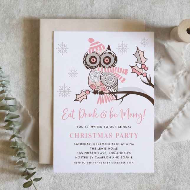 Cute Colourful Festive Pink Owl Christmas Party Invitation (Creator Uploaded)