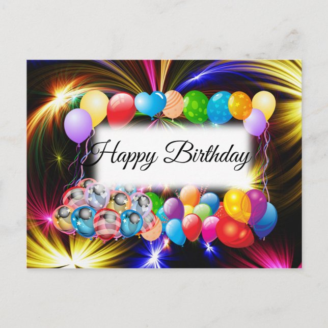 Cute, Colourful Fireworks, Balloons, Birthday Postcard (Front)