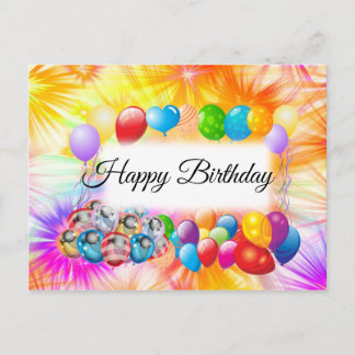 Cute, Colourful Fireworks, Balloons, Birthday Postcard