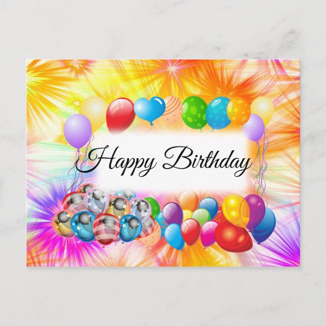 Cute, Colourful Fireworks, Balloons, Birthday Postcard (Front)