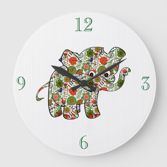 Cute Colourful Floral Baby Elephant Large Clock (Front)