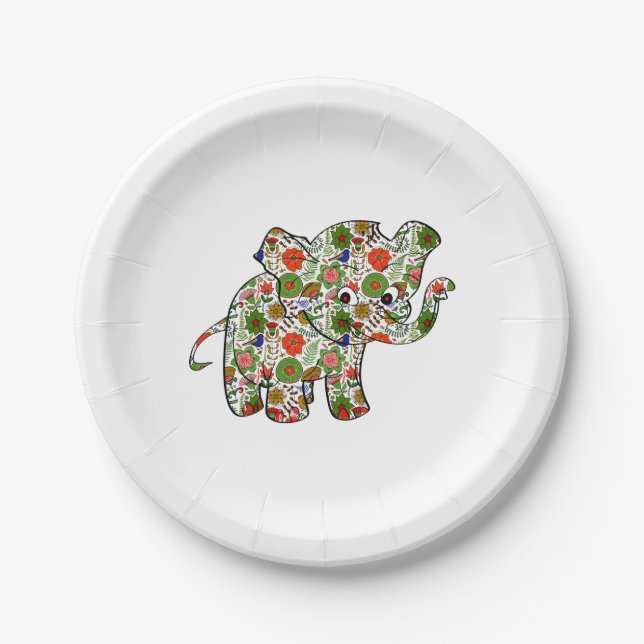 Cute Colourful Floral Baby Elephant Paper Plate (Front)