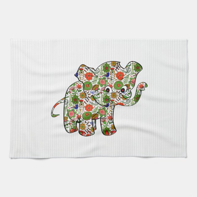 Cute Colourful Floral Baby Elephant Tea Towel (Horizontal)