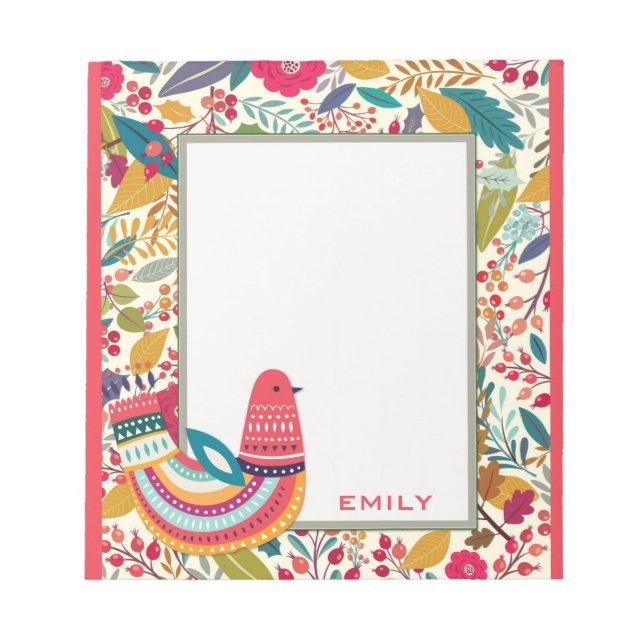 Cute Colourful Floral Bird Notepad (Front)