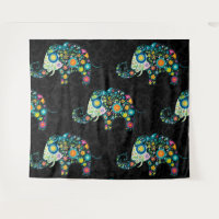 Cute Colourful Floral Elephant Black Damasks