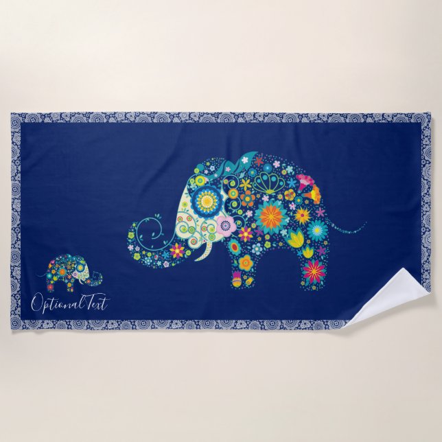 Cute Colourful Floral Elephant Illustration Beach Towel (Front)