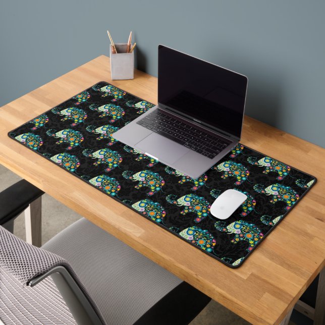 Cute Colourful Floral Elephant Pattern on Black Desk Mat (Office 2)