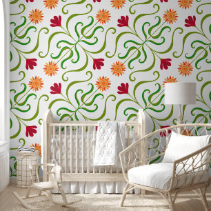 Cute Colourful Floral Folk Art Damask Pattern Ligh Wallpaper