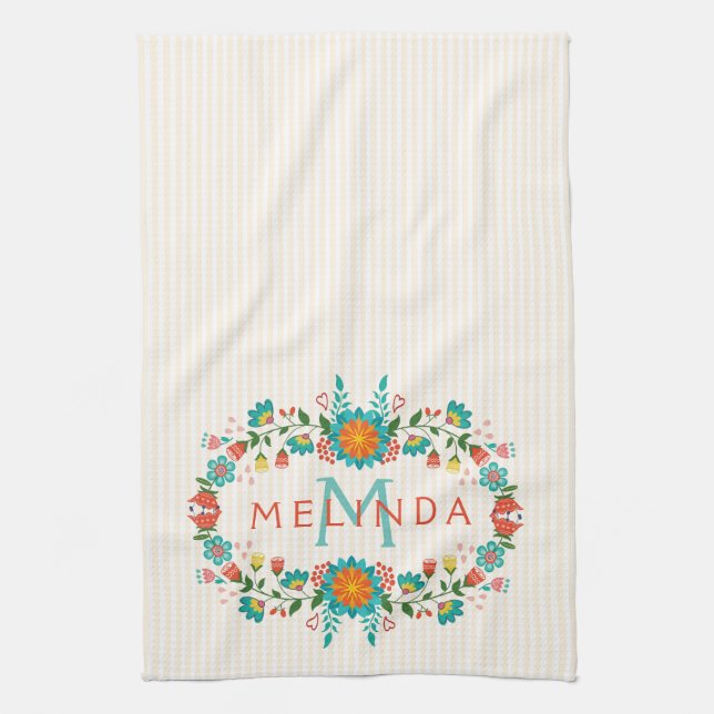 Cute Colourful Floral Frame Tea Towel (Vertical)