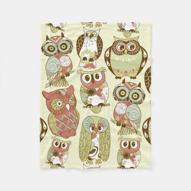 Cute Colourful Floral Owls Fleece Blanket (Front)
